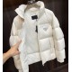 Prada new stand up collar design down jacket is made of glossy nylon fabric, filled with comfortable goose down and feathers. Presenting a loose fit, European and American fashion brand down jacket, made of top-grade original imported fabric