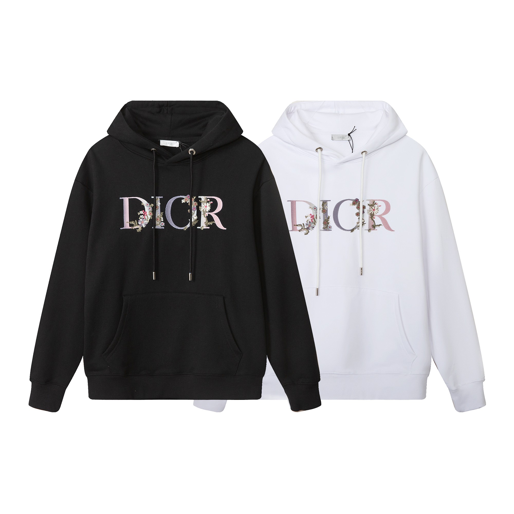 Dior's new embroidered letter patterned hoodie is available in black and white, and comes with a complete packaging box